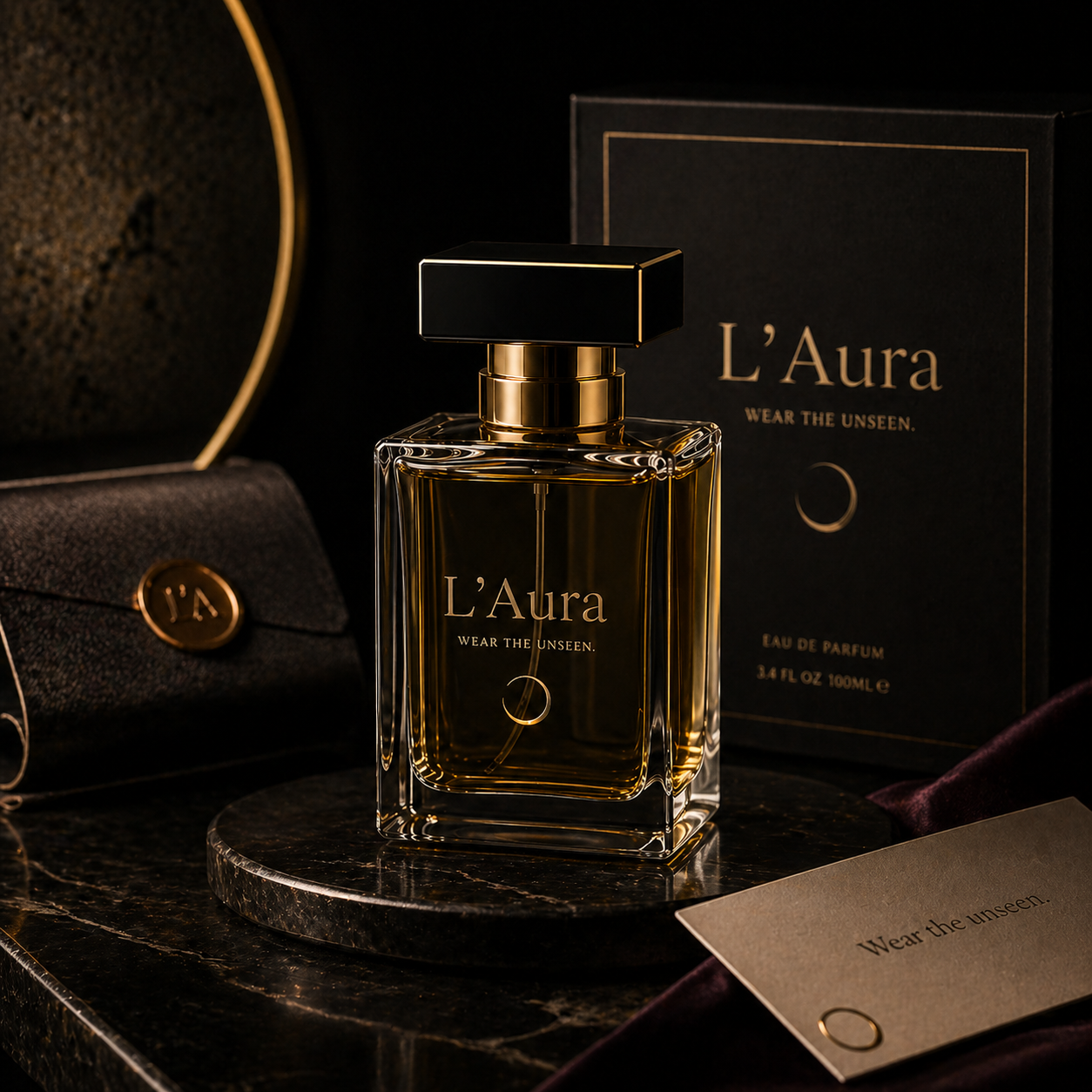 L'Aura bottle on marble plinth with box, leather case, and wax-sealed card