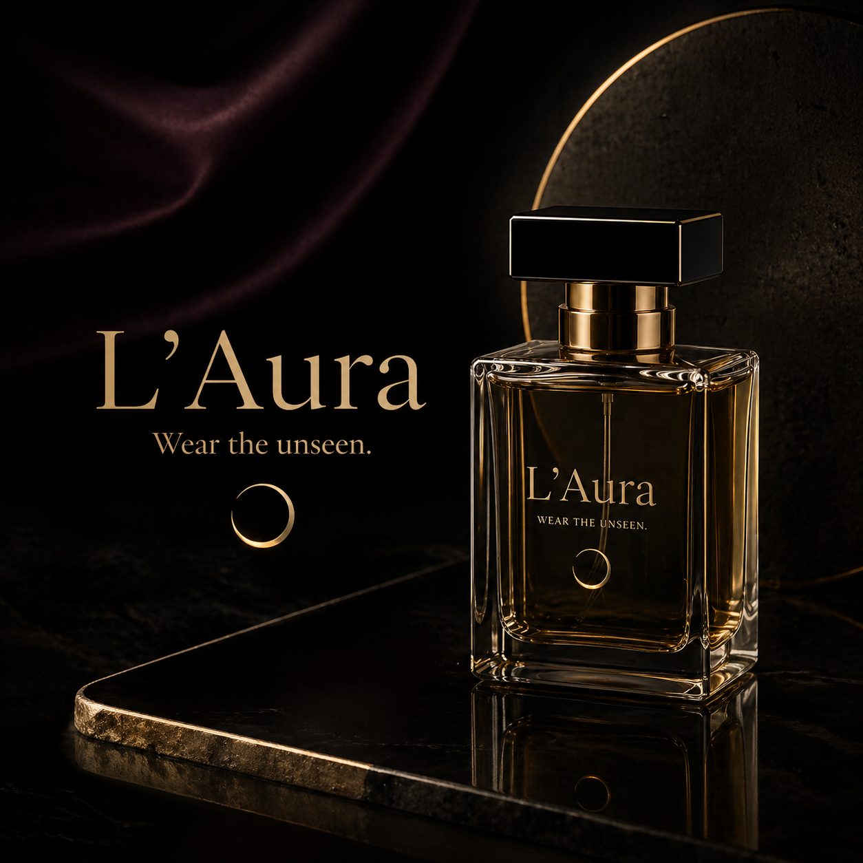 L'Aura Cuir Noir bottle on black marble with plum silk drape